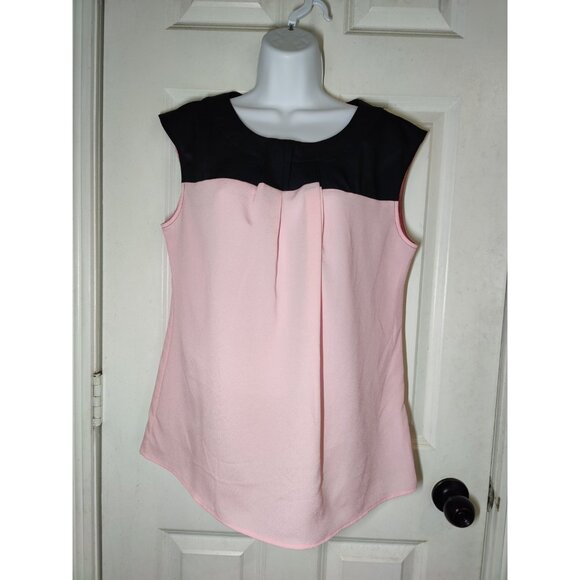 New York & Co Black Pink Color Block Cap Sleeve Pleated Blouse Top M NWT - Picture 2 of 9